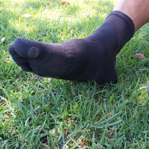 Close-up of black five-toe grip socks